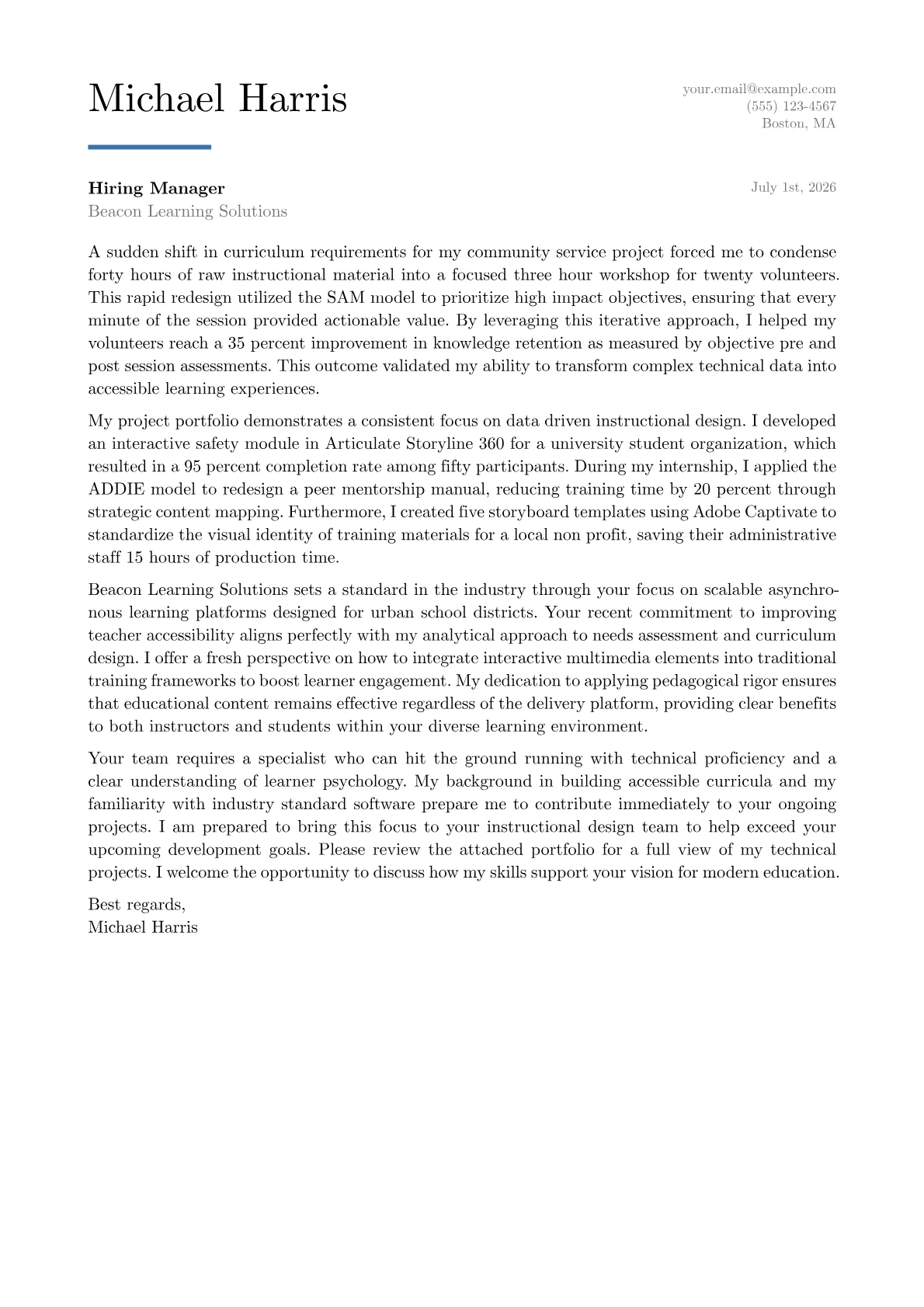 Training Specialist cover letter in the Executive design