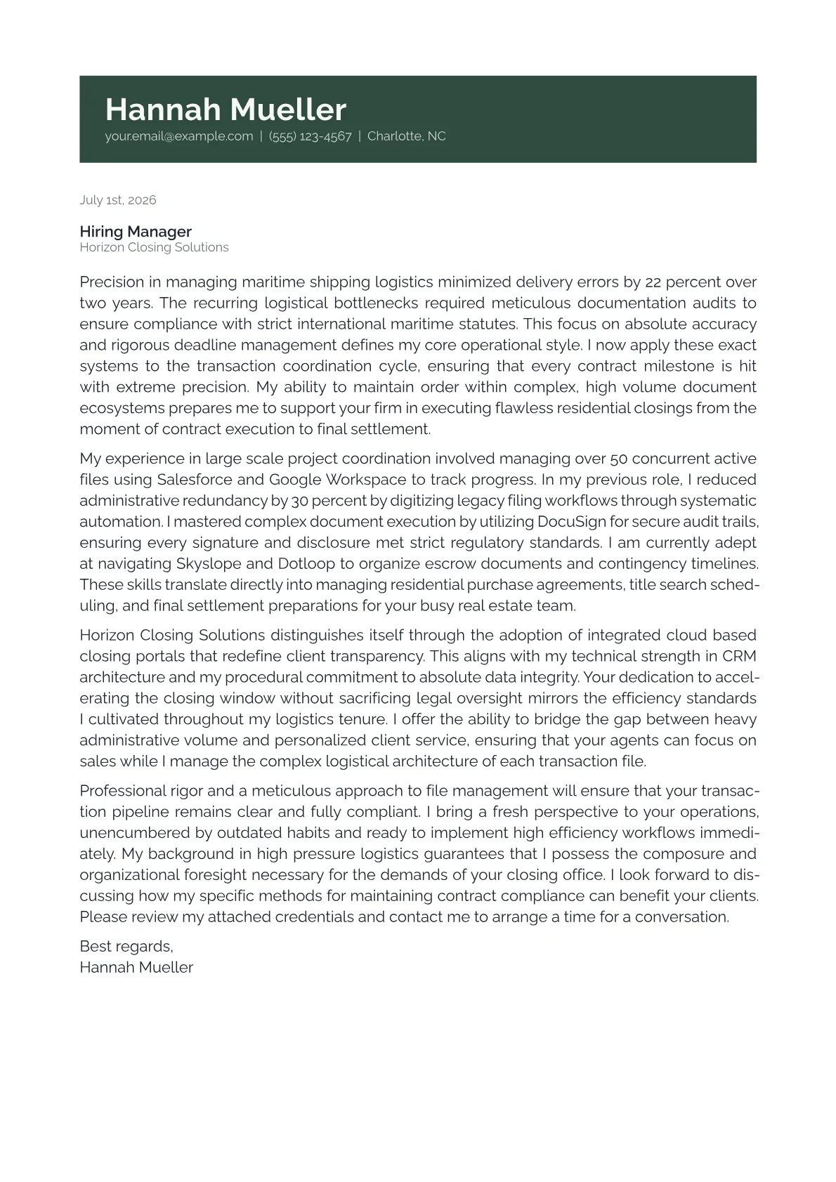 Transaction Coordinator cover letter in the Banner design