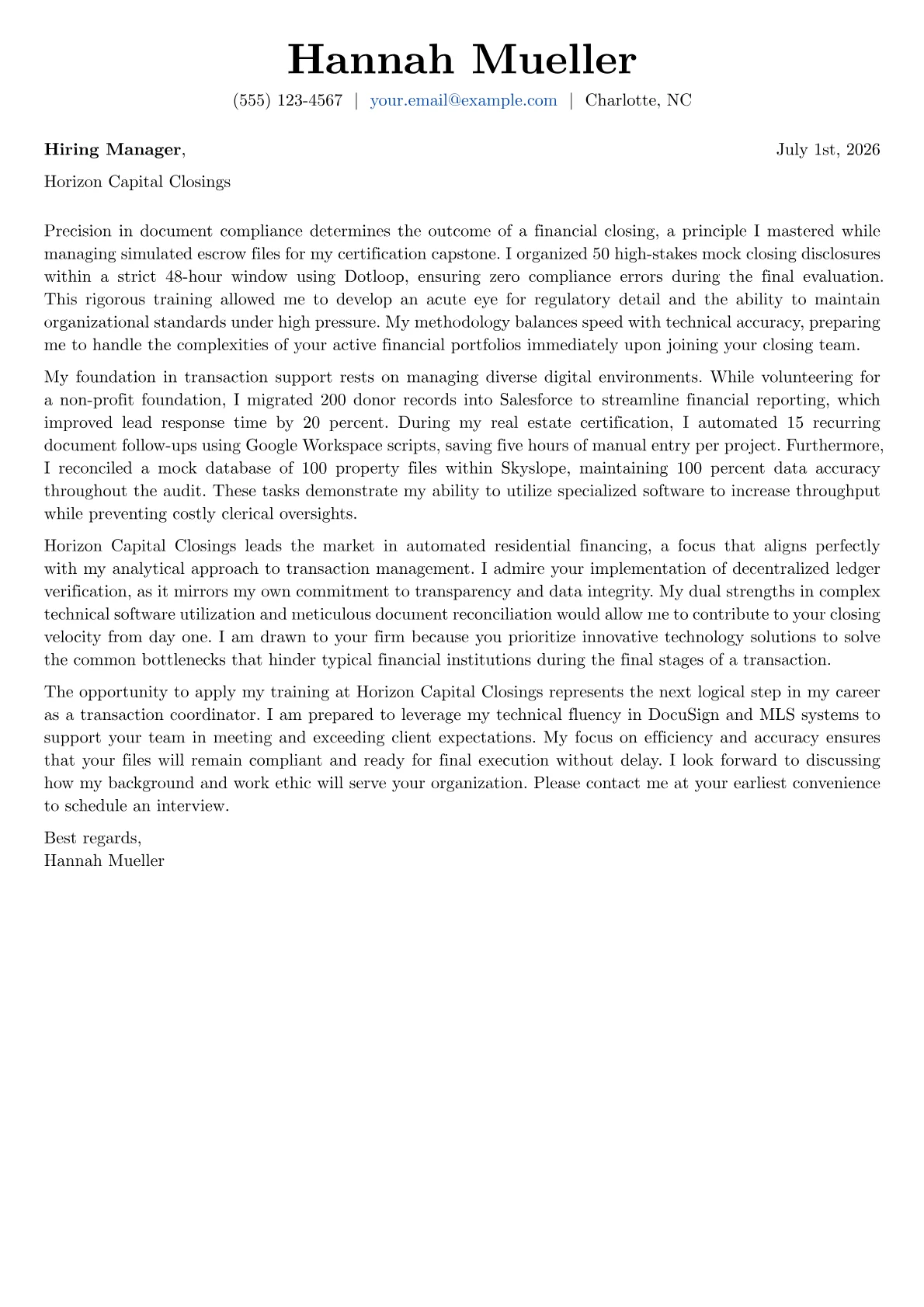 Transaction Coordinator cover letter in the Basic design