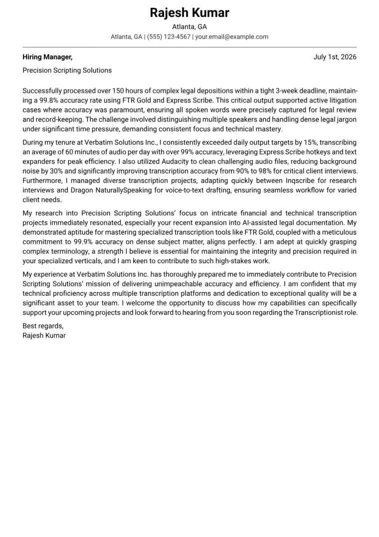 Transcriptionist cover letter example preview
