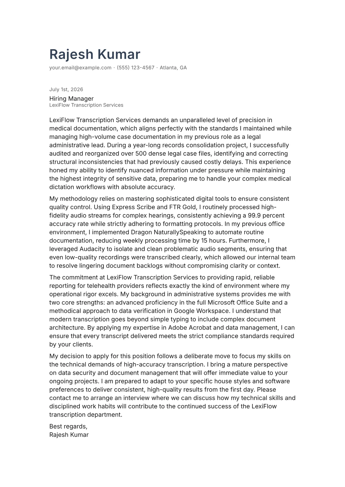 Transcriptionist cover letter in the Minimal design