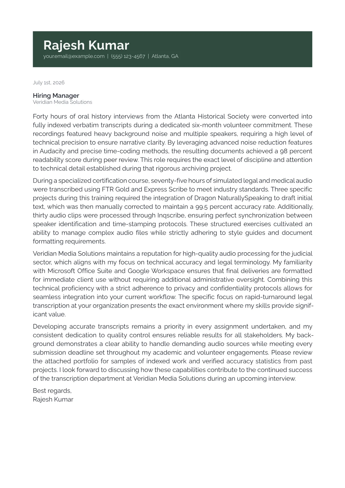 Transcriptionist cover letter in the Banner design