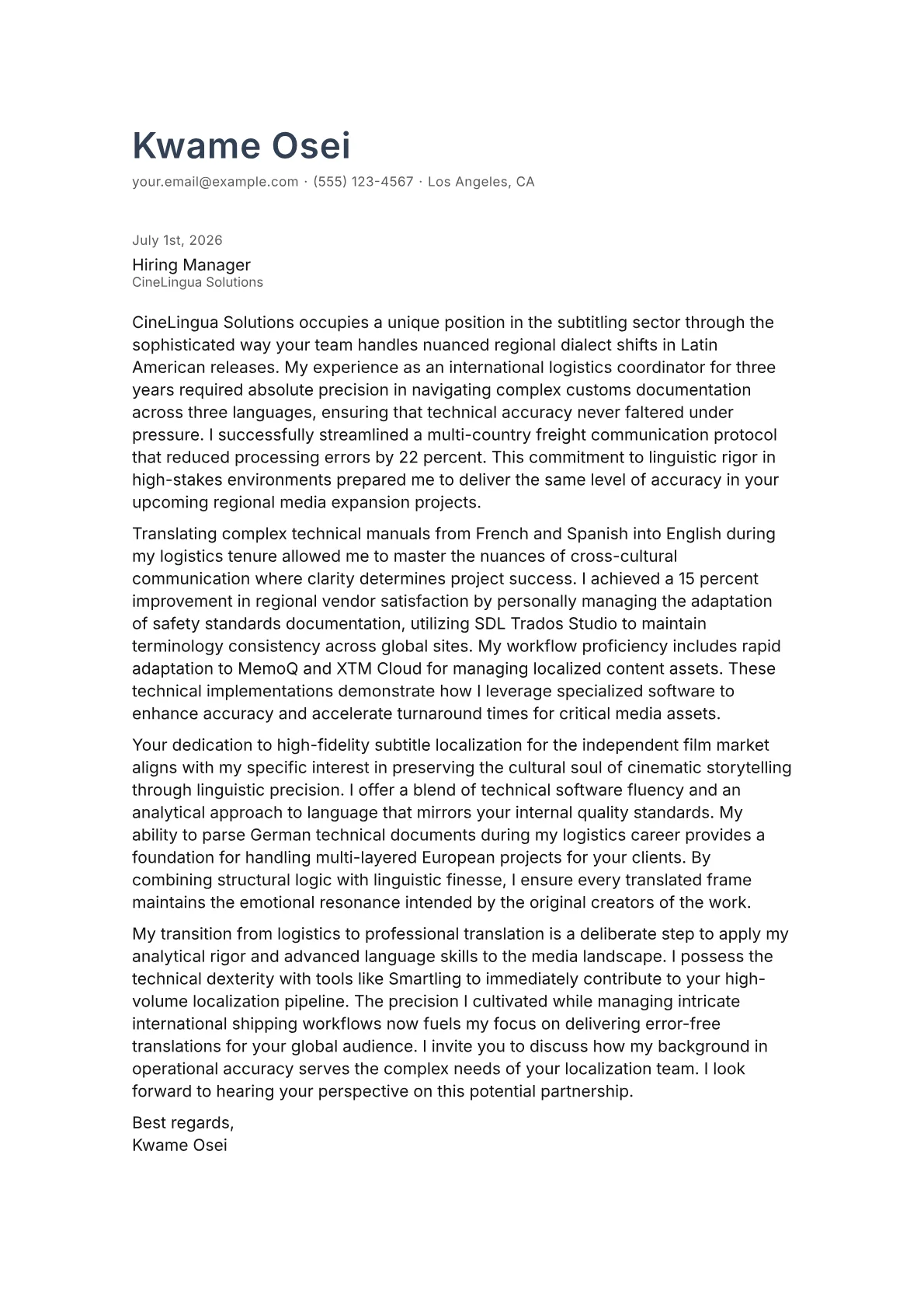Translator cover letter in the Minimal design