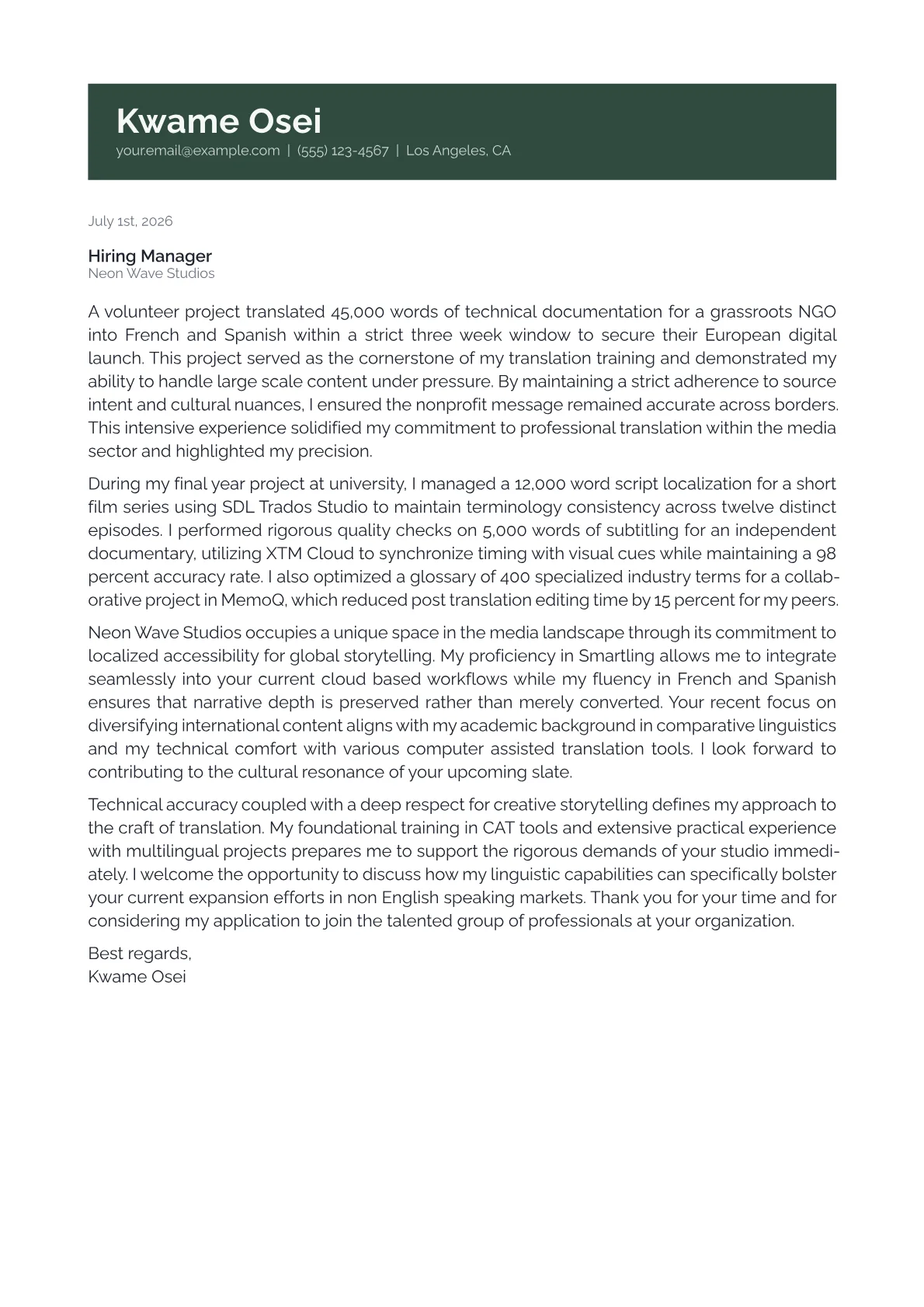 Translator cover letter in the Banner design