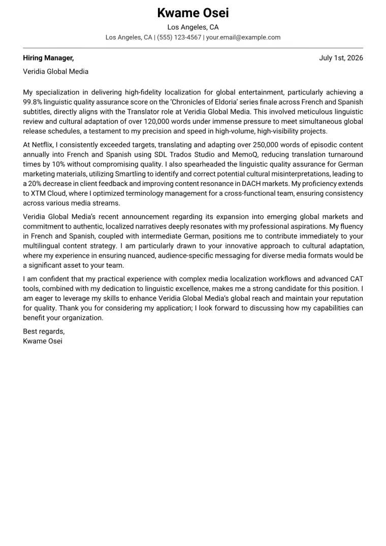 Translator Cover Letter Example