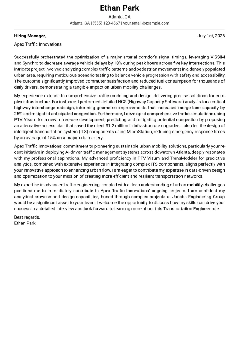 Transportation Engineer Cover Letter Example