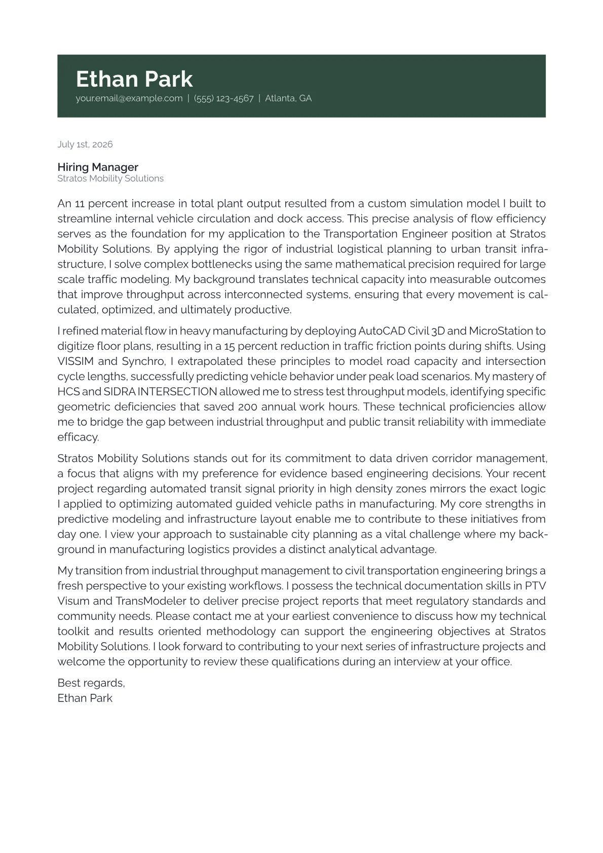 Transportation Engineer cover letter in the Banner design