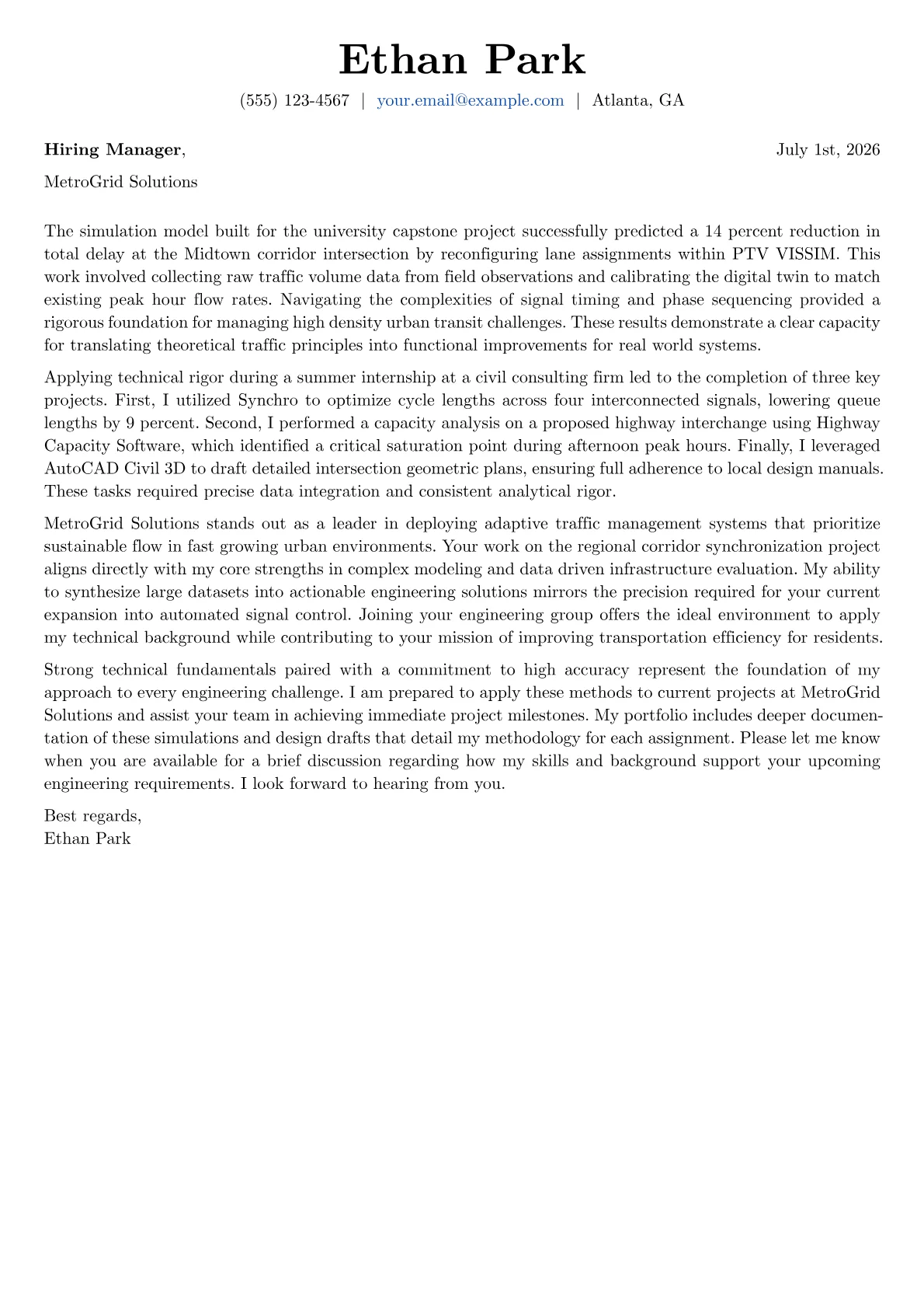 Transportation Engineer cover letter in the Basic design