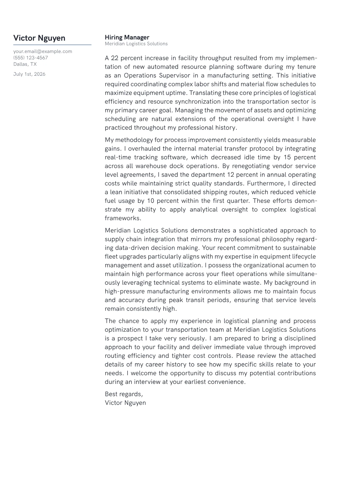 Transportation Manager cover letter in the Margin design
