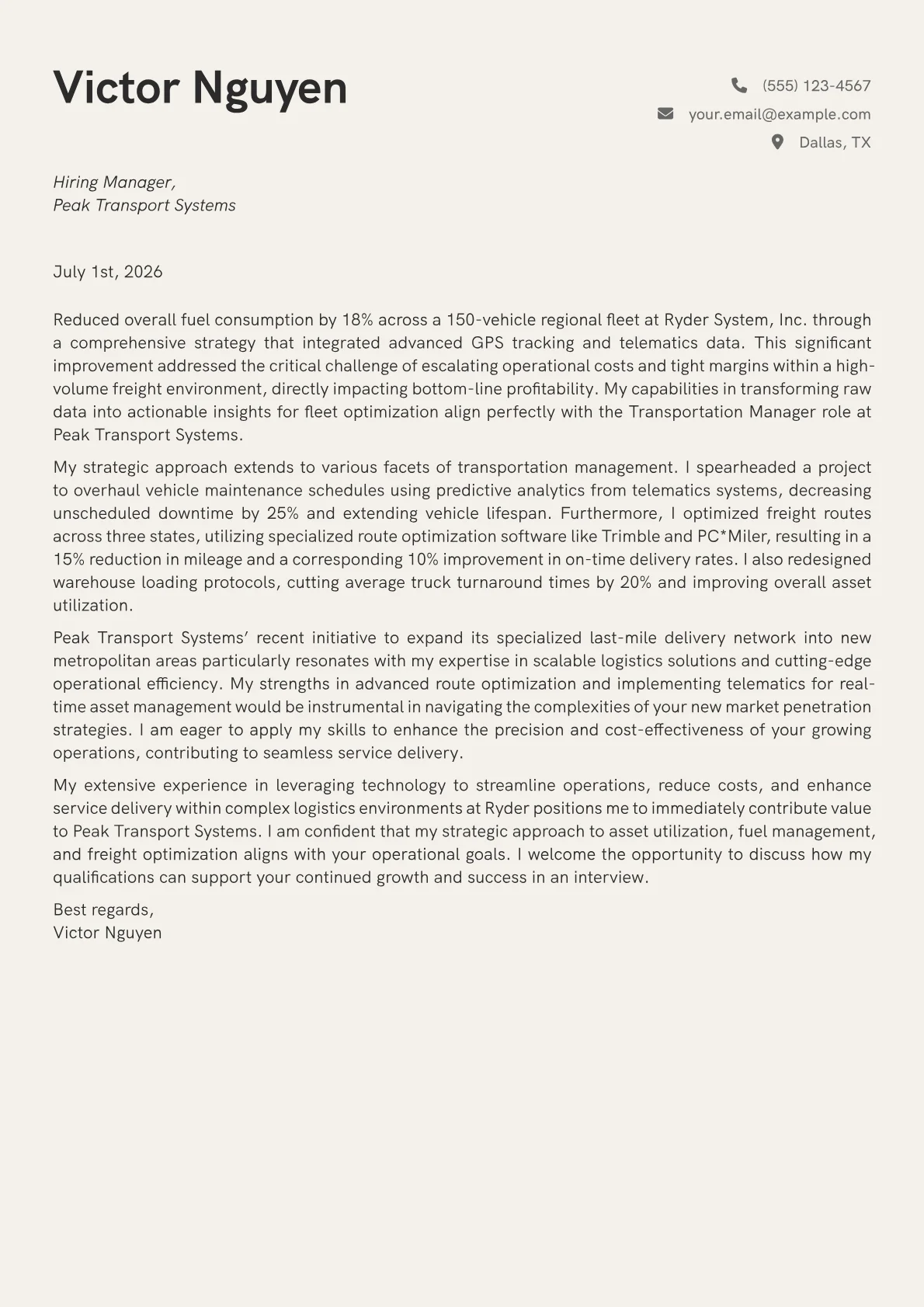 Transportation Manager cover letter formatted with a JobSprout template