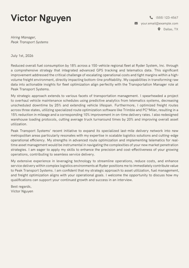 Transportation Manager Cover Letter Example