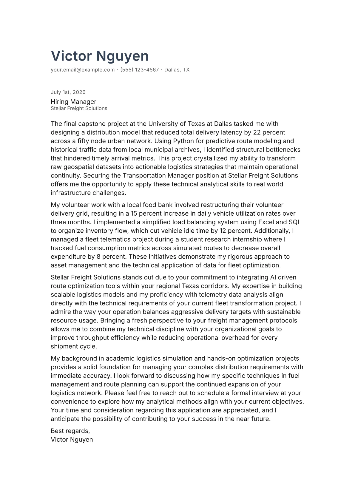 Transportation Manager cover letter in the Minimal design