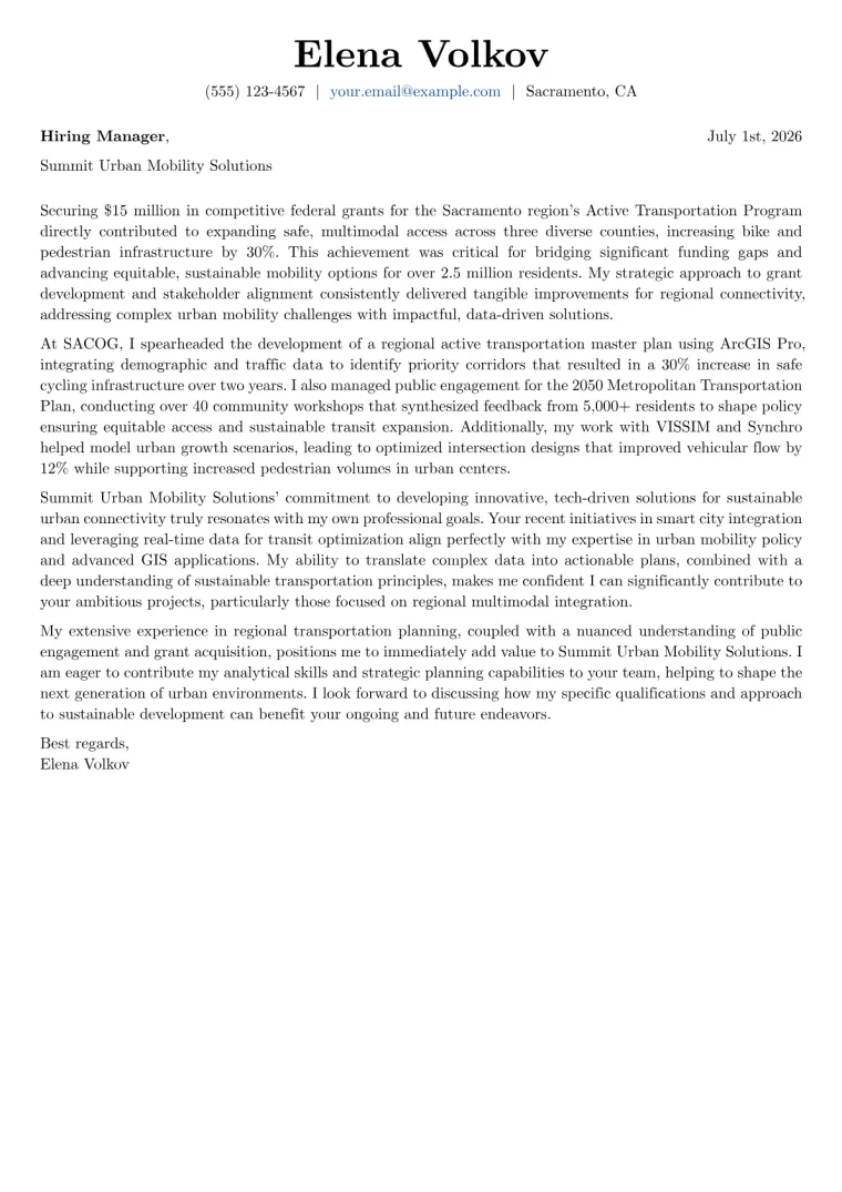 Transportation Planner cover letter example