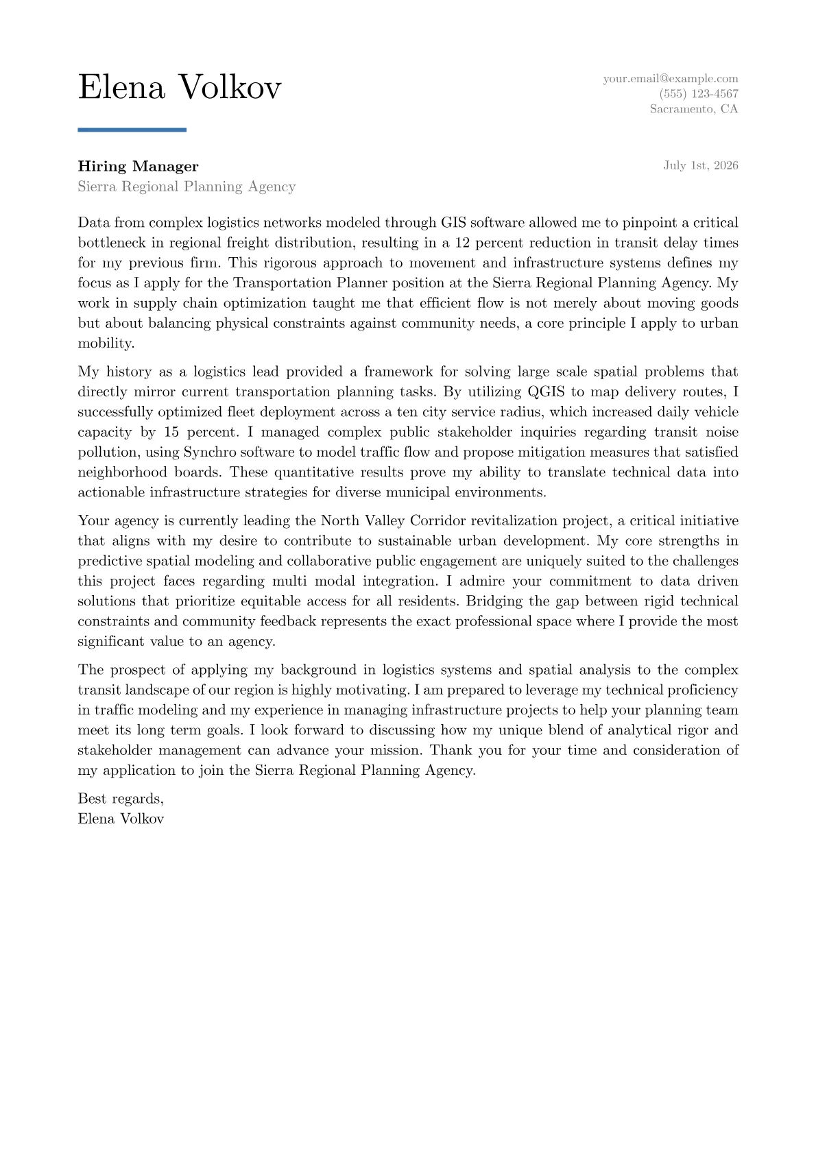 Transportation Planner cover letter in the Executive design