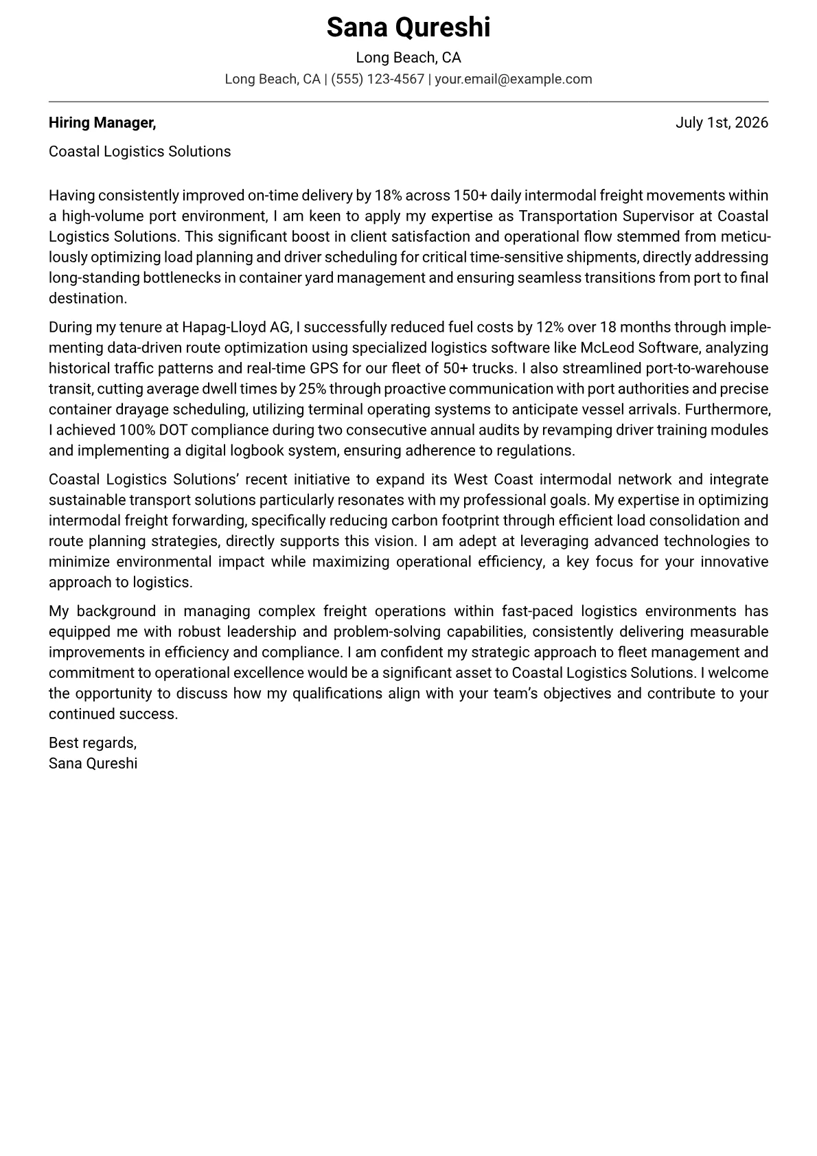 Transportation Supervisor cover letter formatted with a JobSprout template