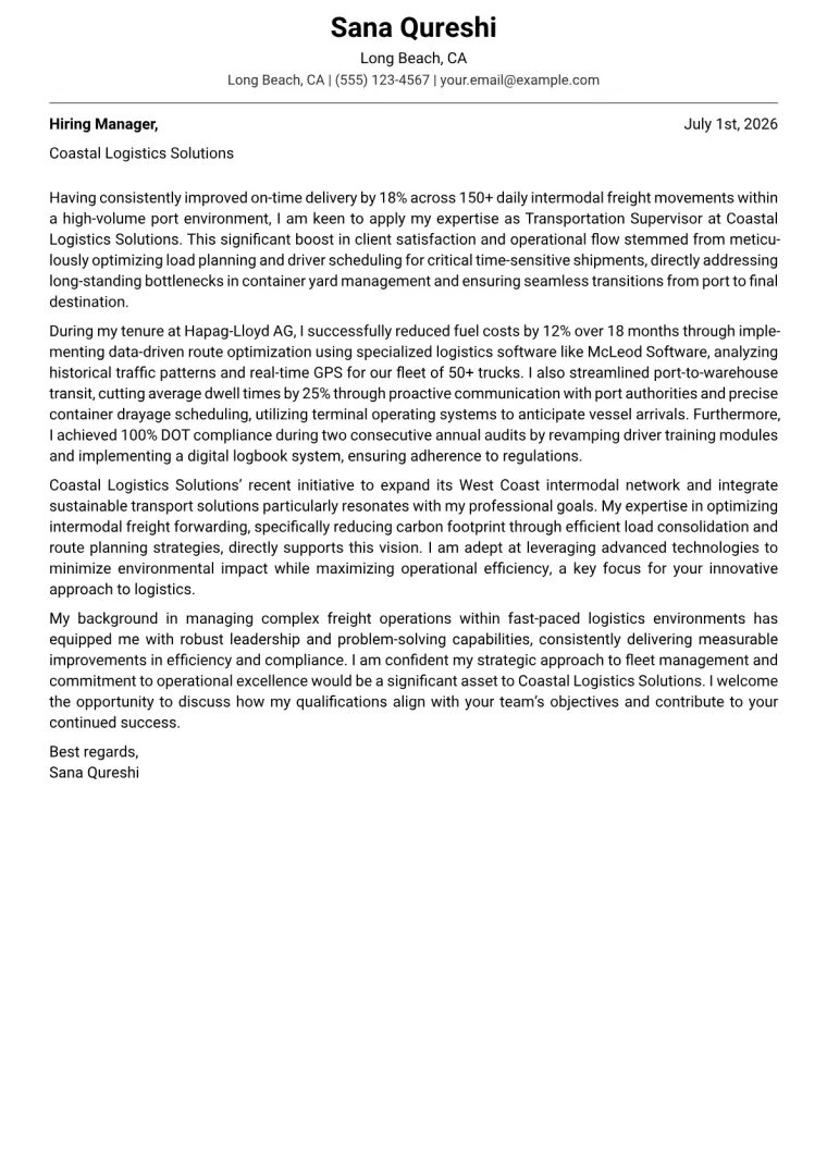 Transportation Supervisor cover letter example preview