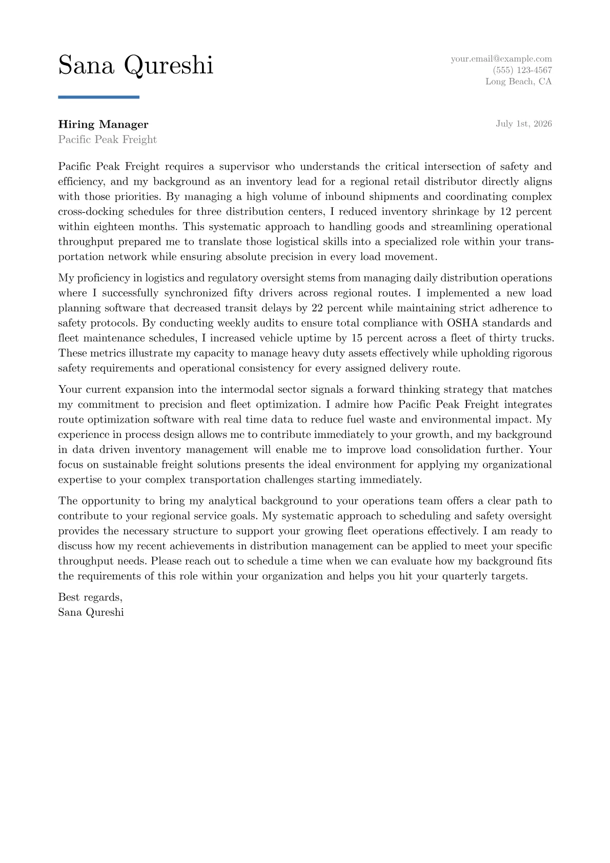 Transportation Supervisor cover letter in the Executive design