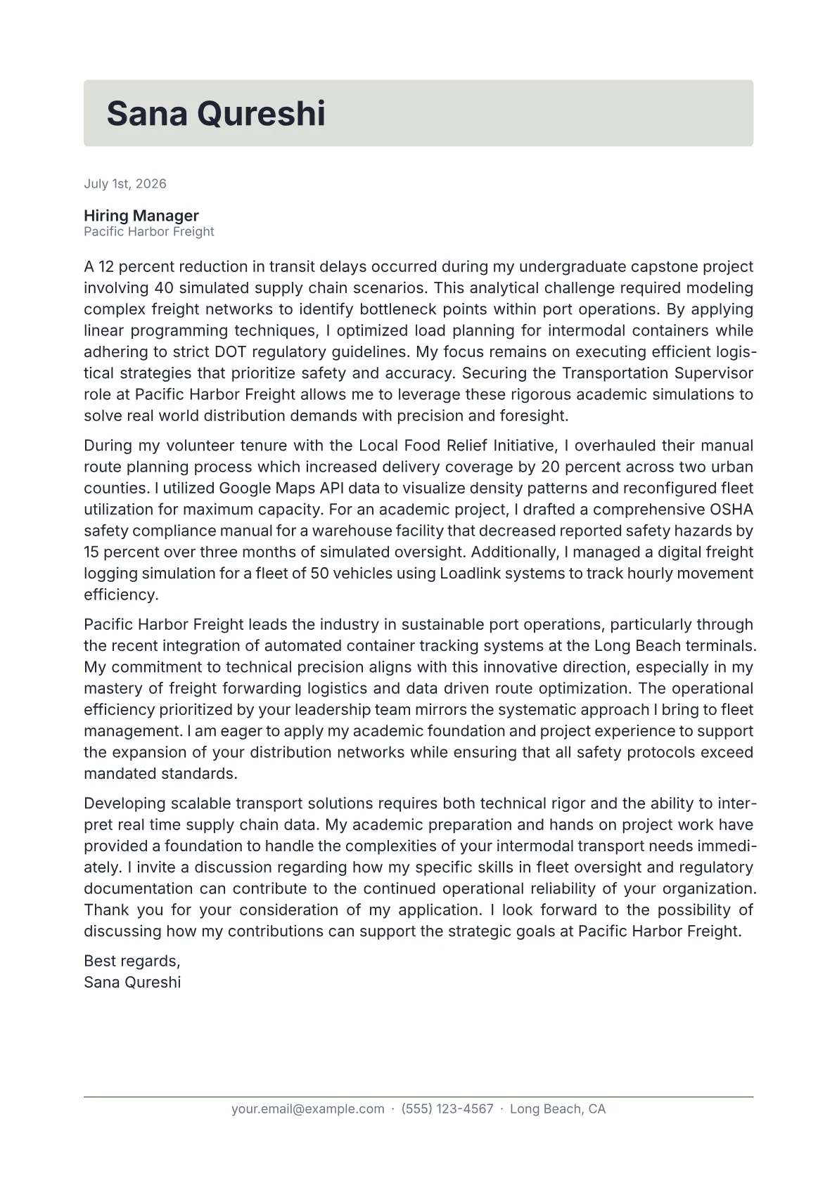 Transportation Supervisor cover letter in the Letterhead design
