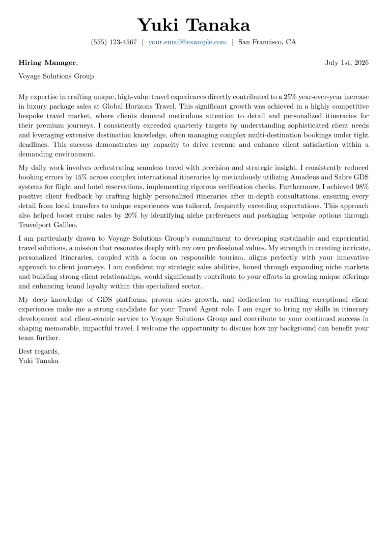 Travel Agent Cover Letter Example