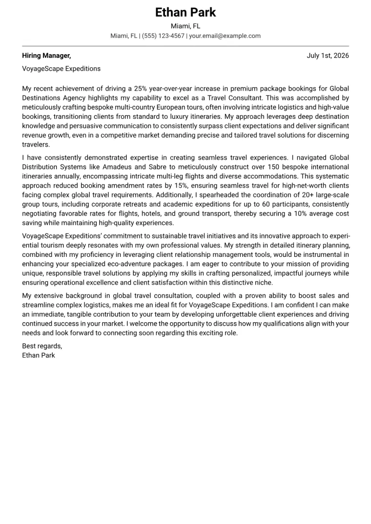 Travel Consultant Cover Letter Example