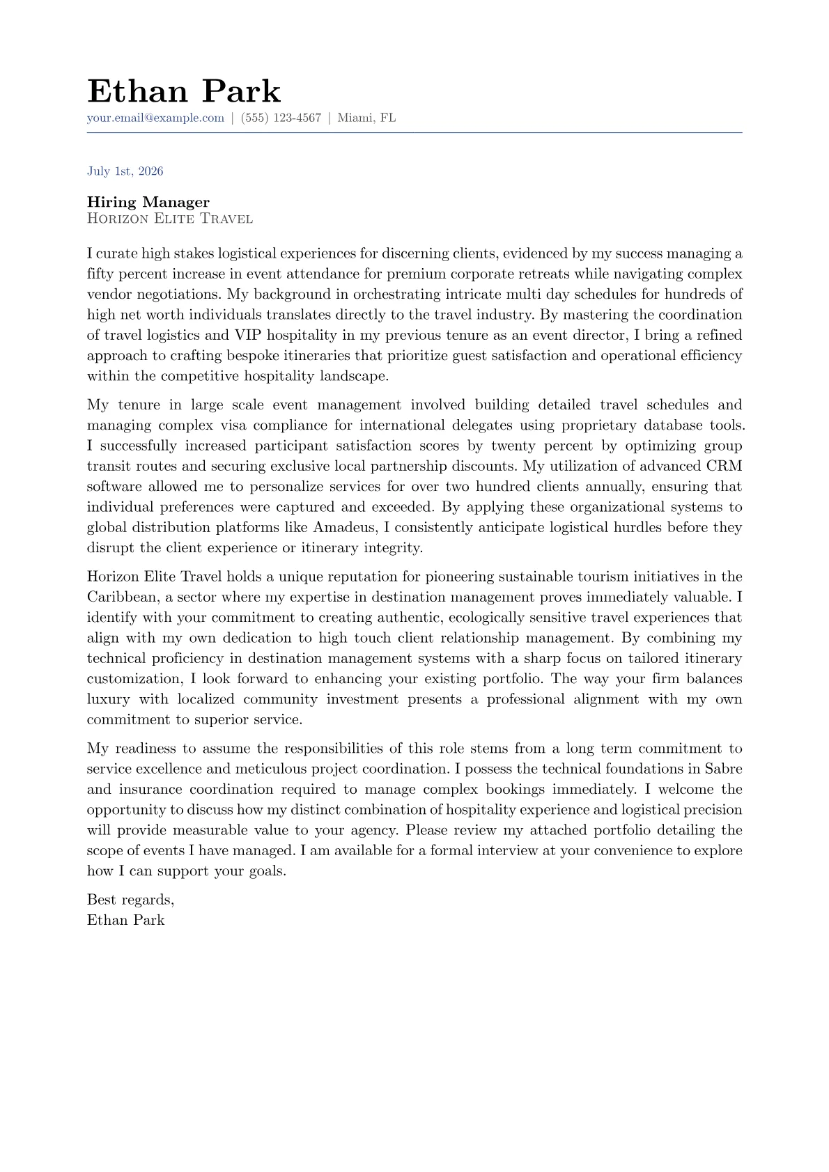 Travel Consultant cover letter in the Classic design