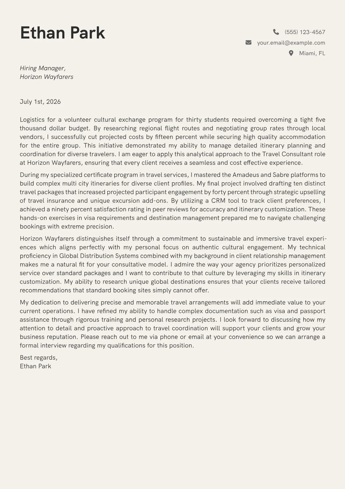 Travel Consultant cover letter in the Creative design