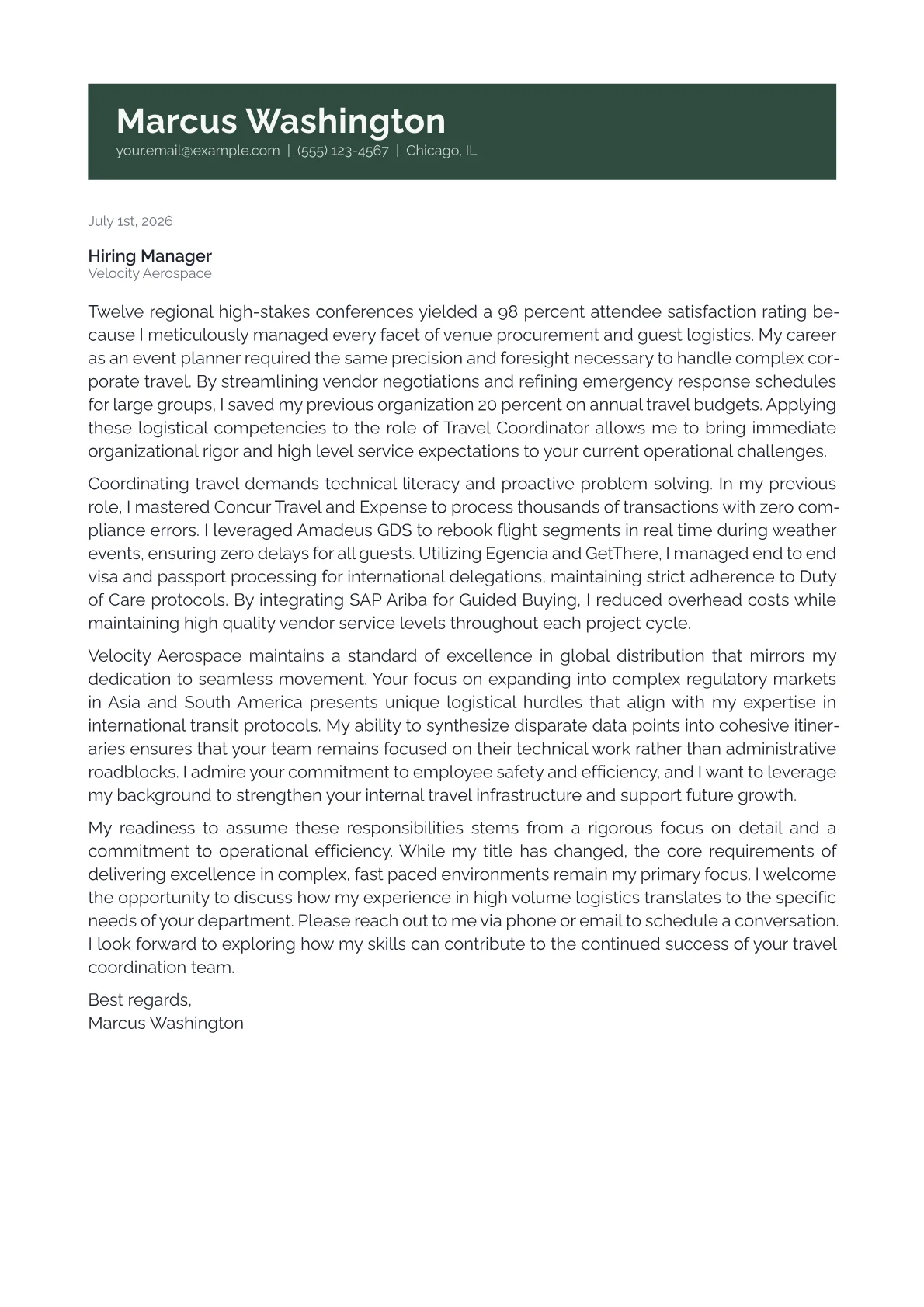 Travel Coordinator cover letter in the Banner design