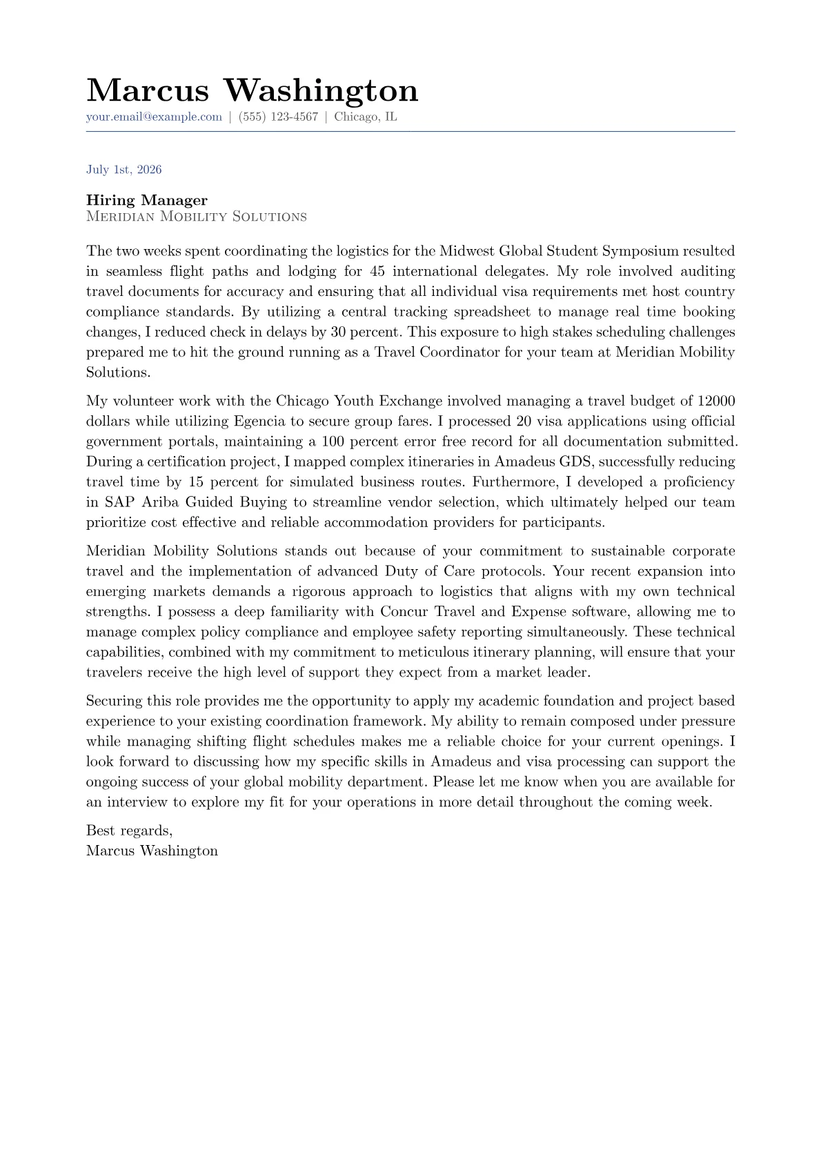 Travel Coordinator cover letter in the Classic design
