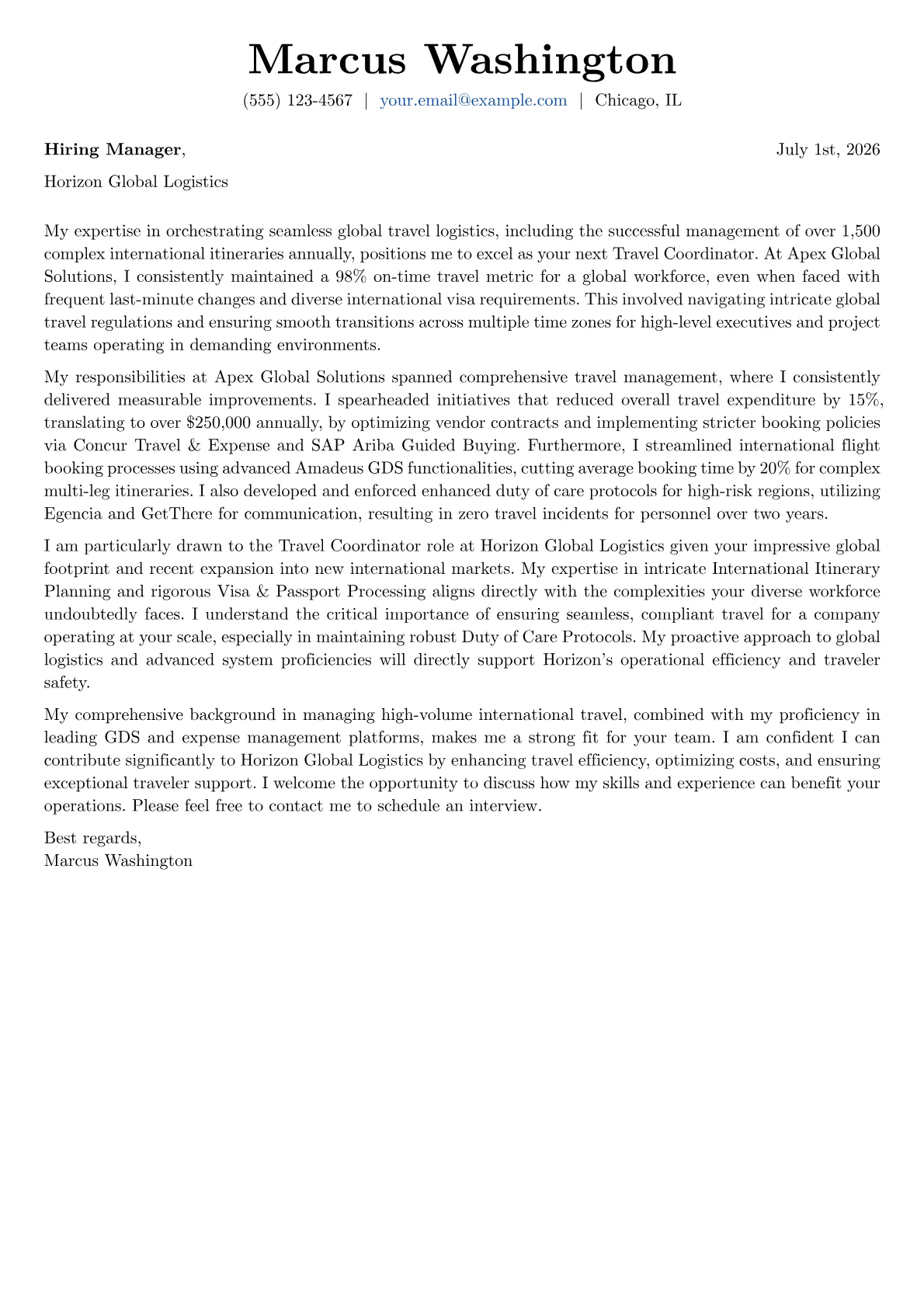 Travel Coordinator cover letter formatted with a JobSprout template