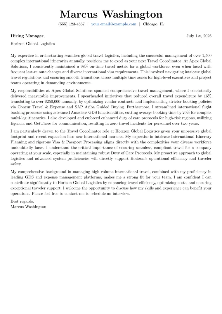Travel Coordinator cover letter example preview