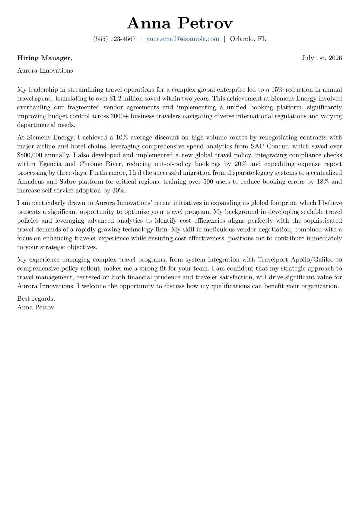 Travel Manager cover letter formatted with a JobSprout template