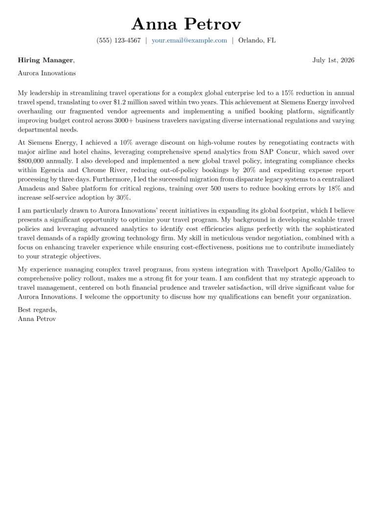 Travel Manager cover letter example preview