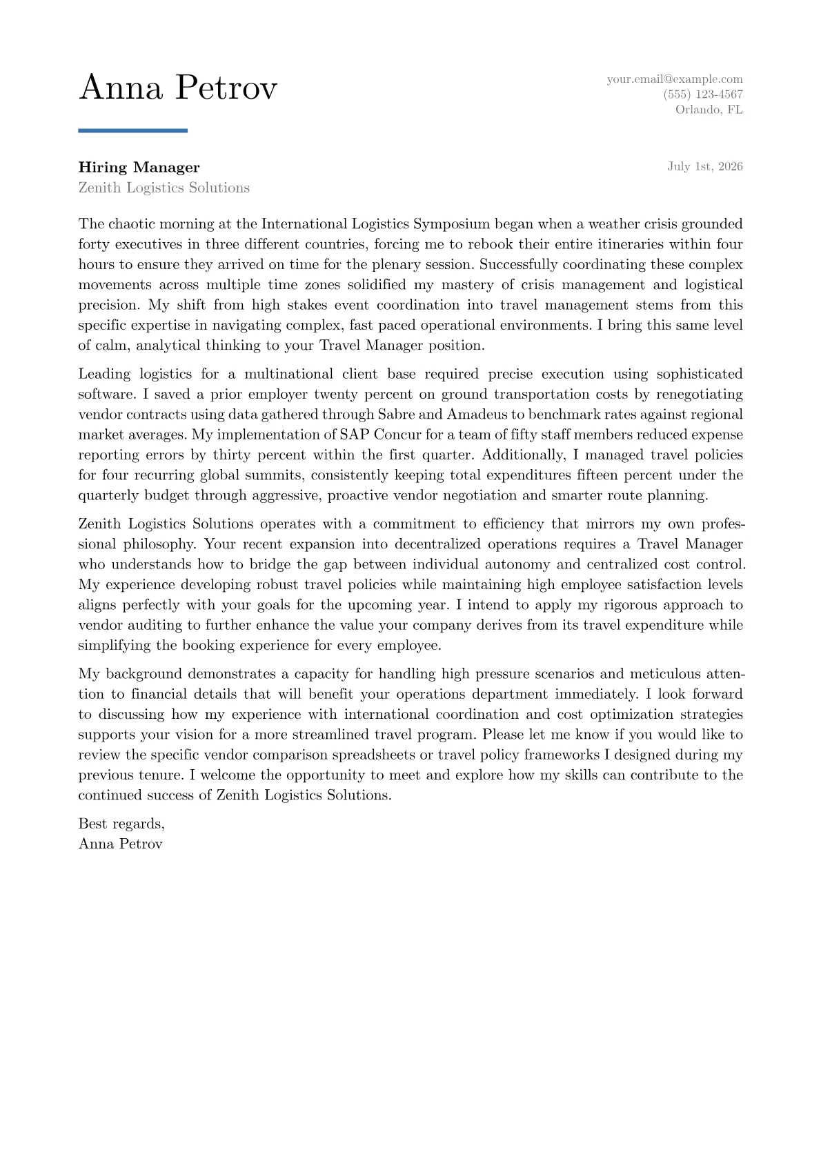 Travel Manager cover letter in the Executive design