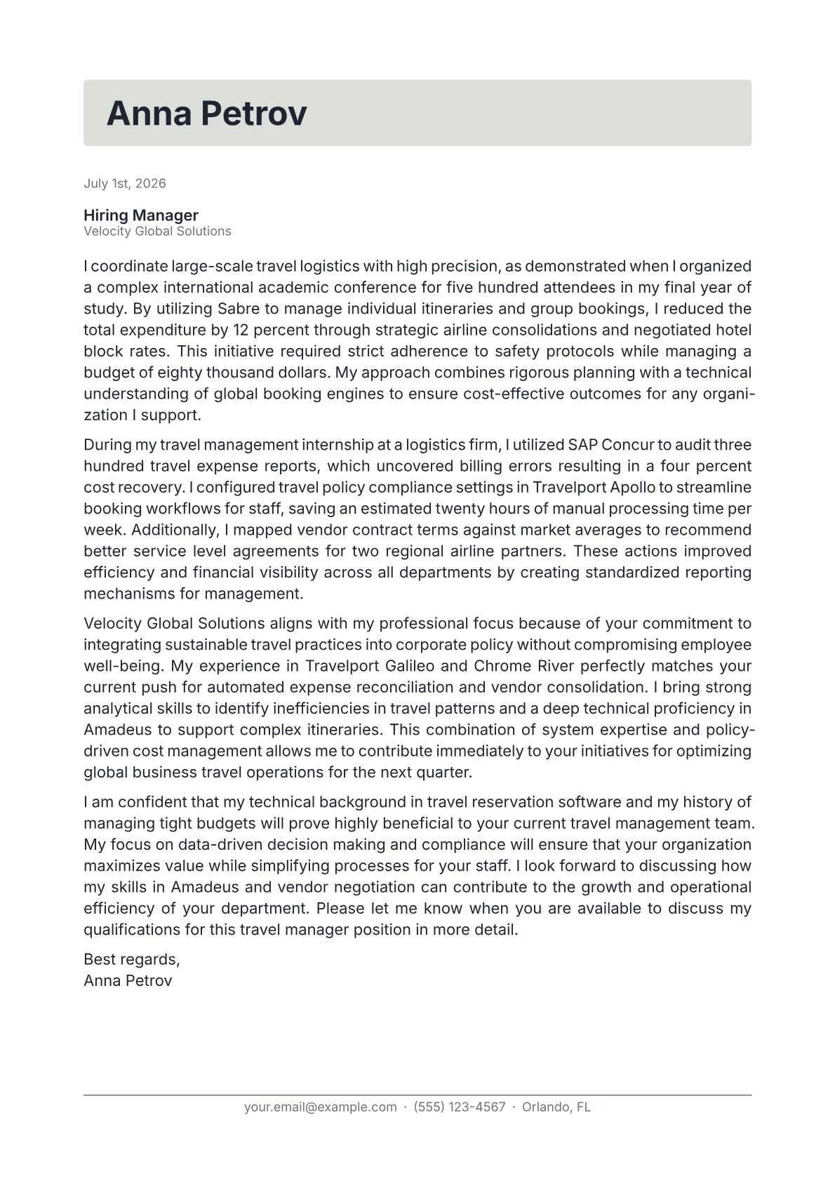 Travel Manager cover letter in the Letterhead design
