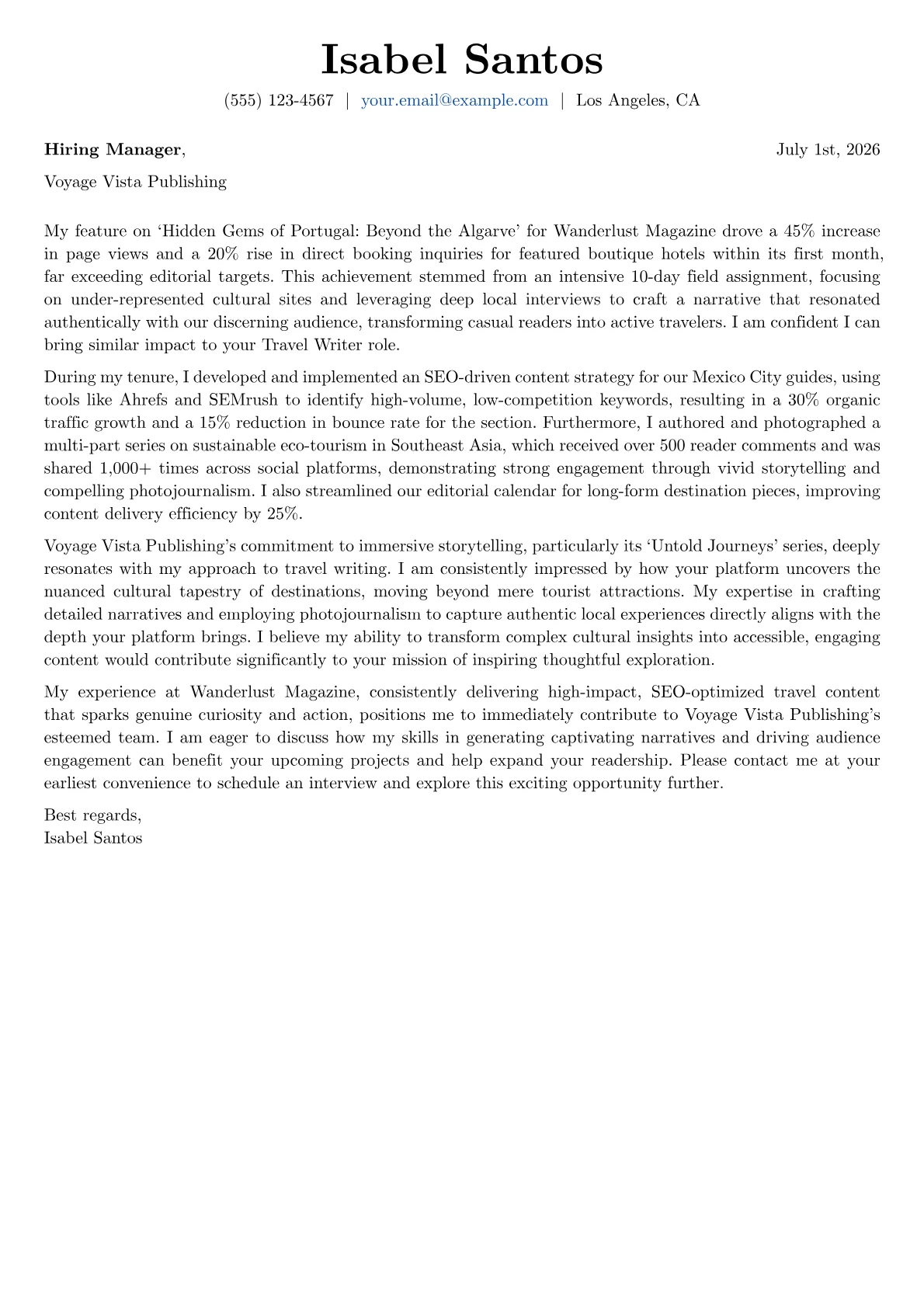 Travel Writer cover letter formatted with a JobSprout template