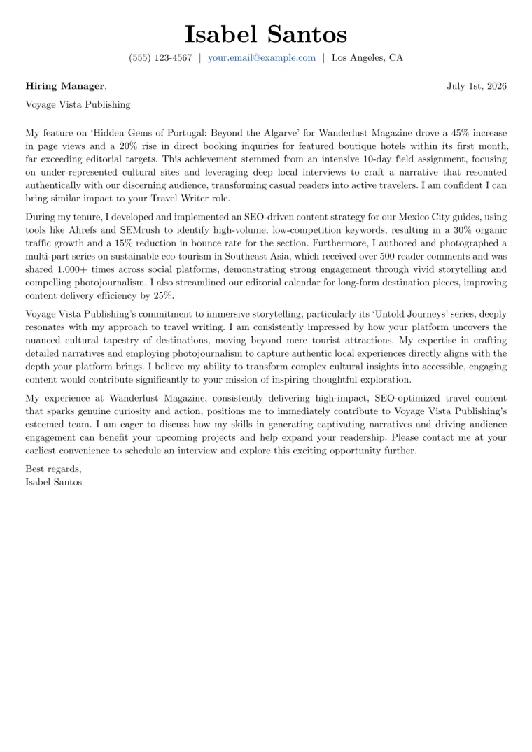 Travel Writer cover letter example preview