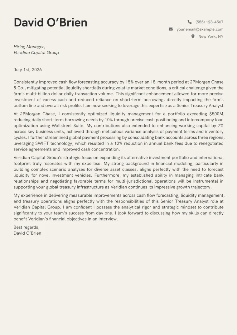 Treasury Analyst cover letter example