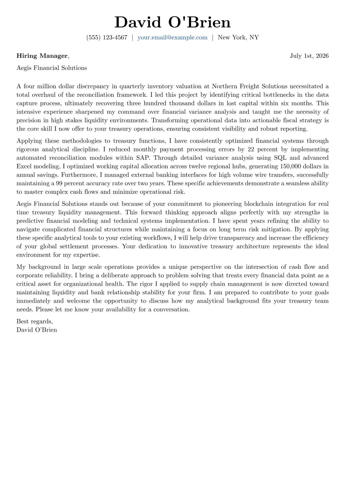 Treasury Analyst cover letter in the Basic design