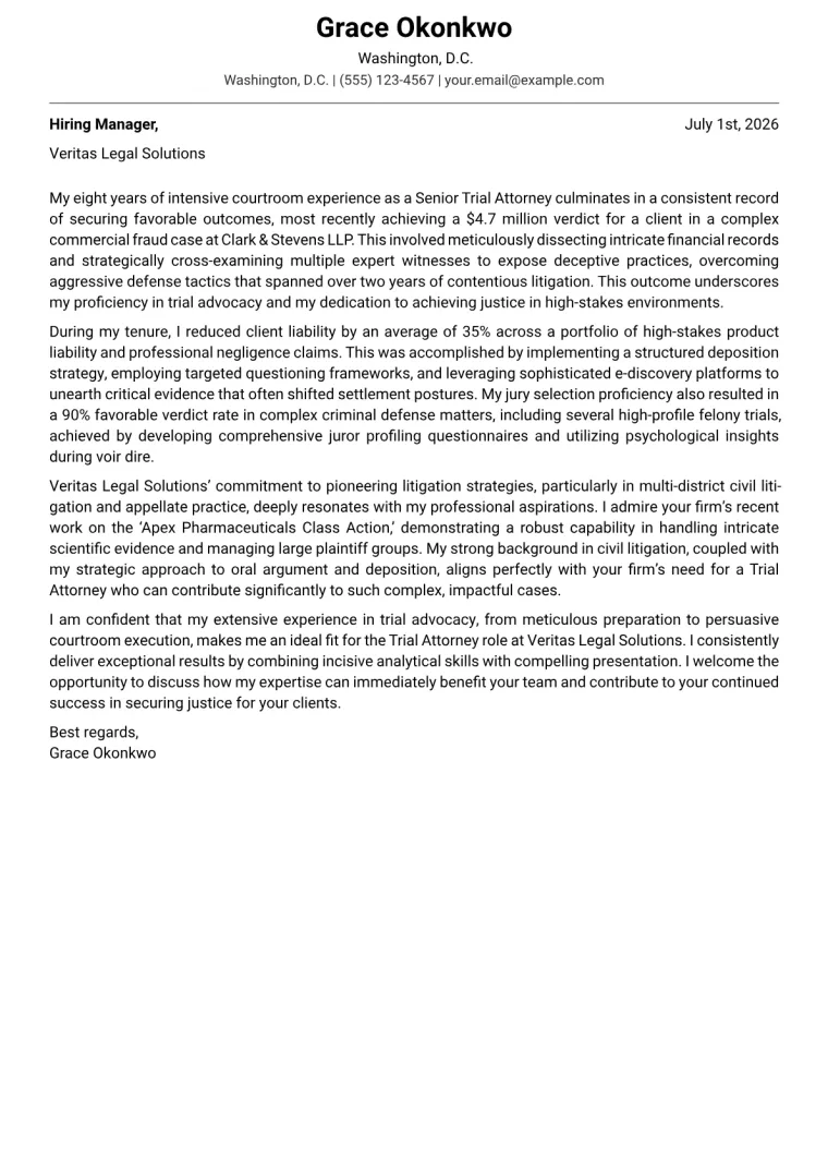 Trial Attorney cover letter example