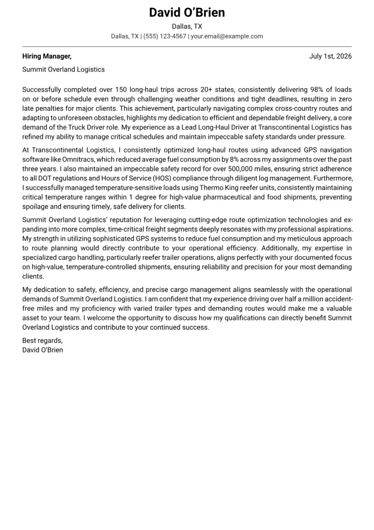 Truck Driver Cover Letter Example