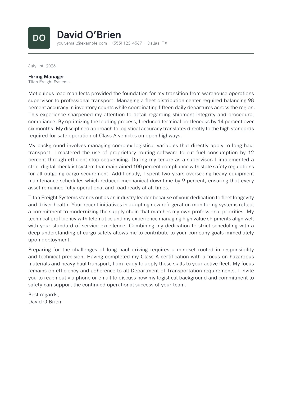 Truck Driver cover letter in the Emblem design