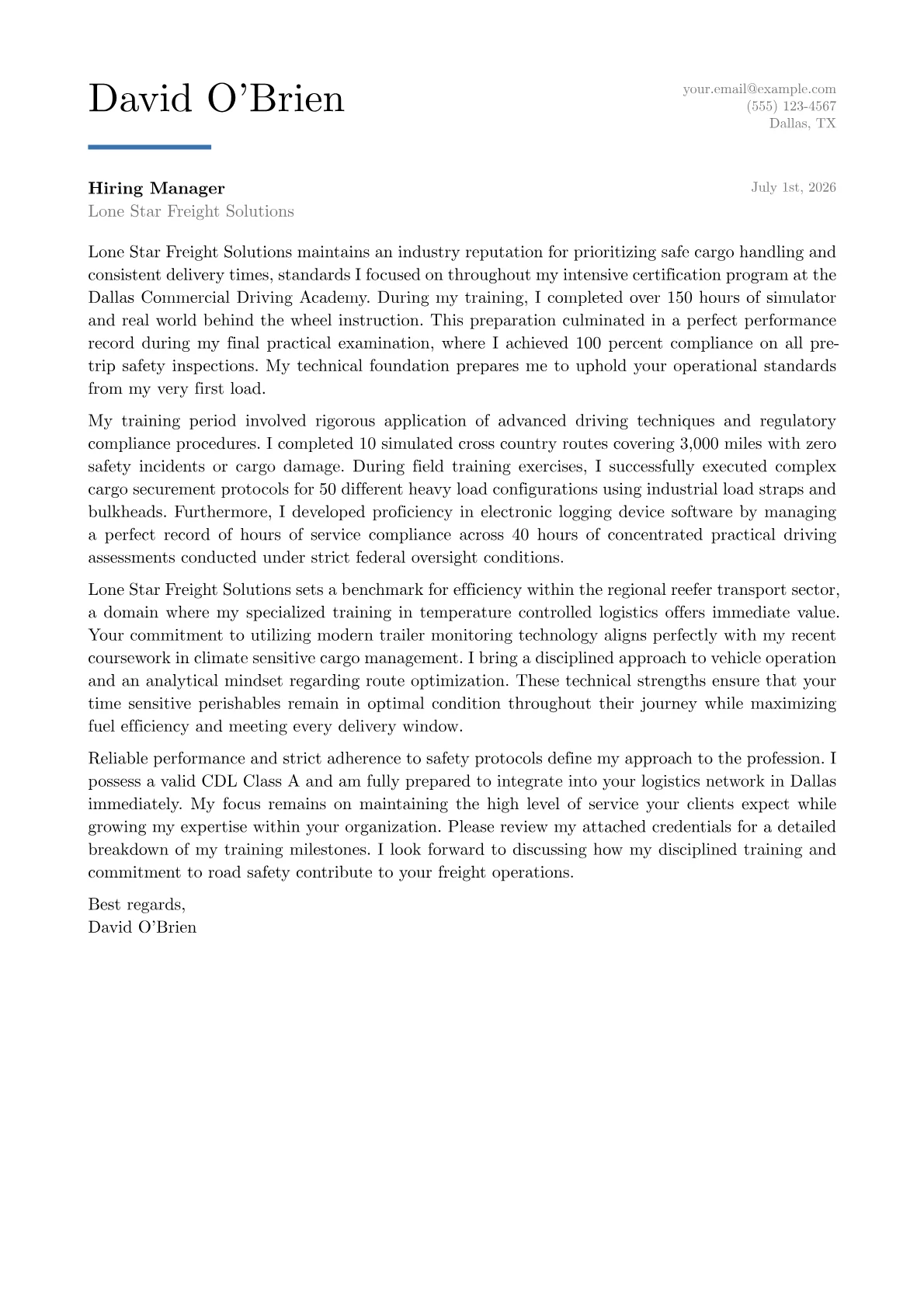 Truck Driver cover letter in the Executive design