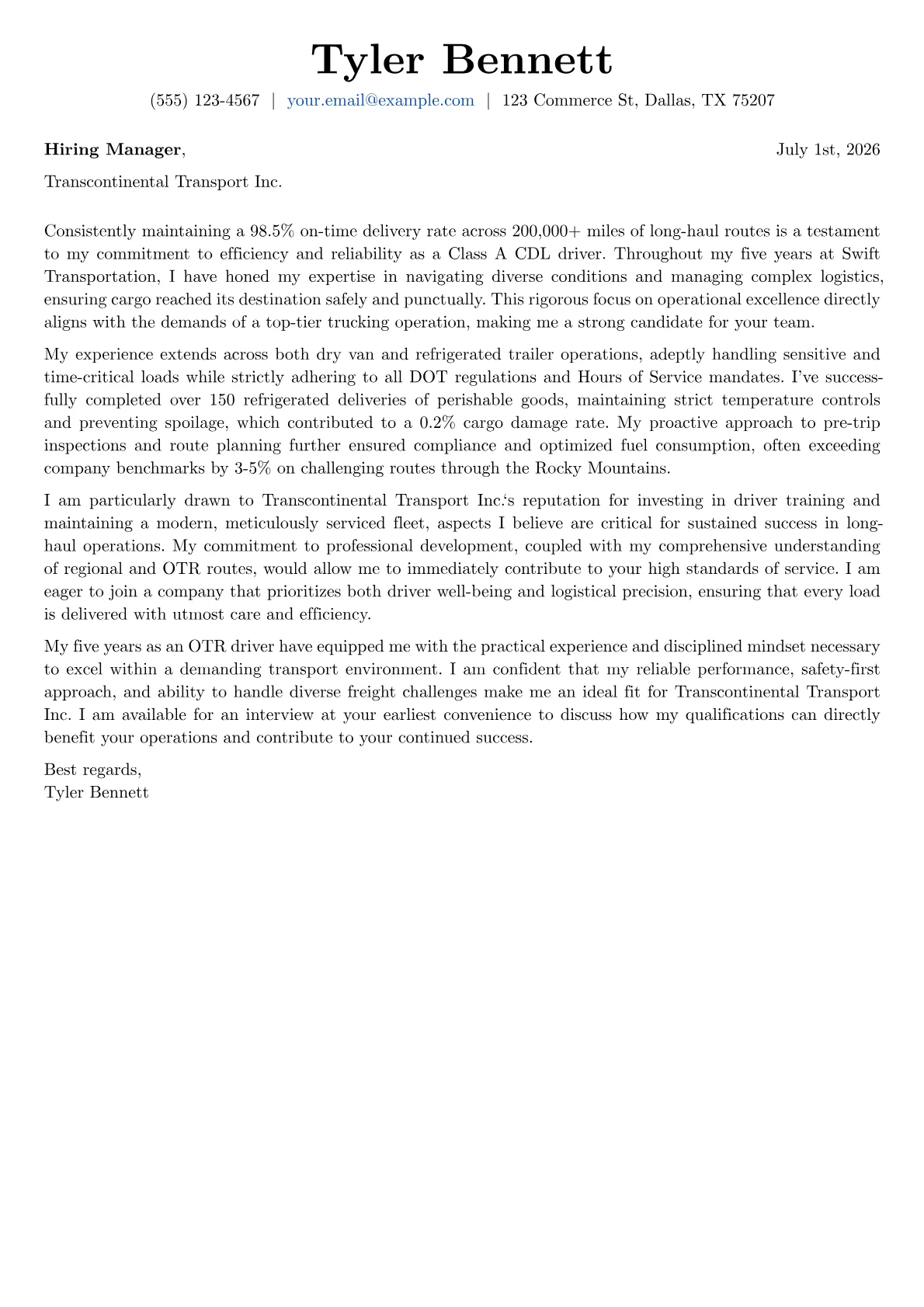 Trucker cover letter formatted with a JobSprout template