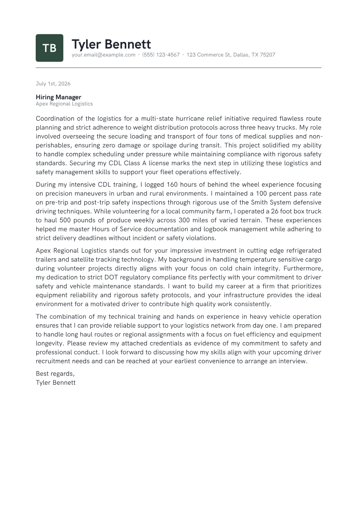 Trucker cover letter in the Emblem design