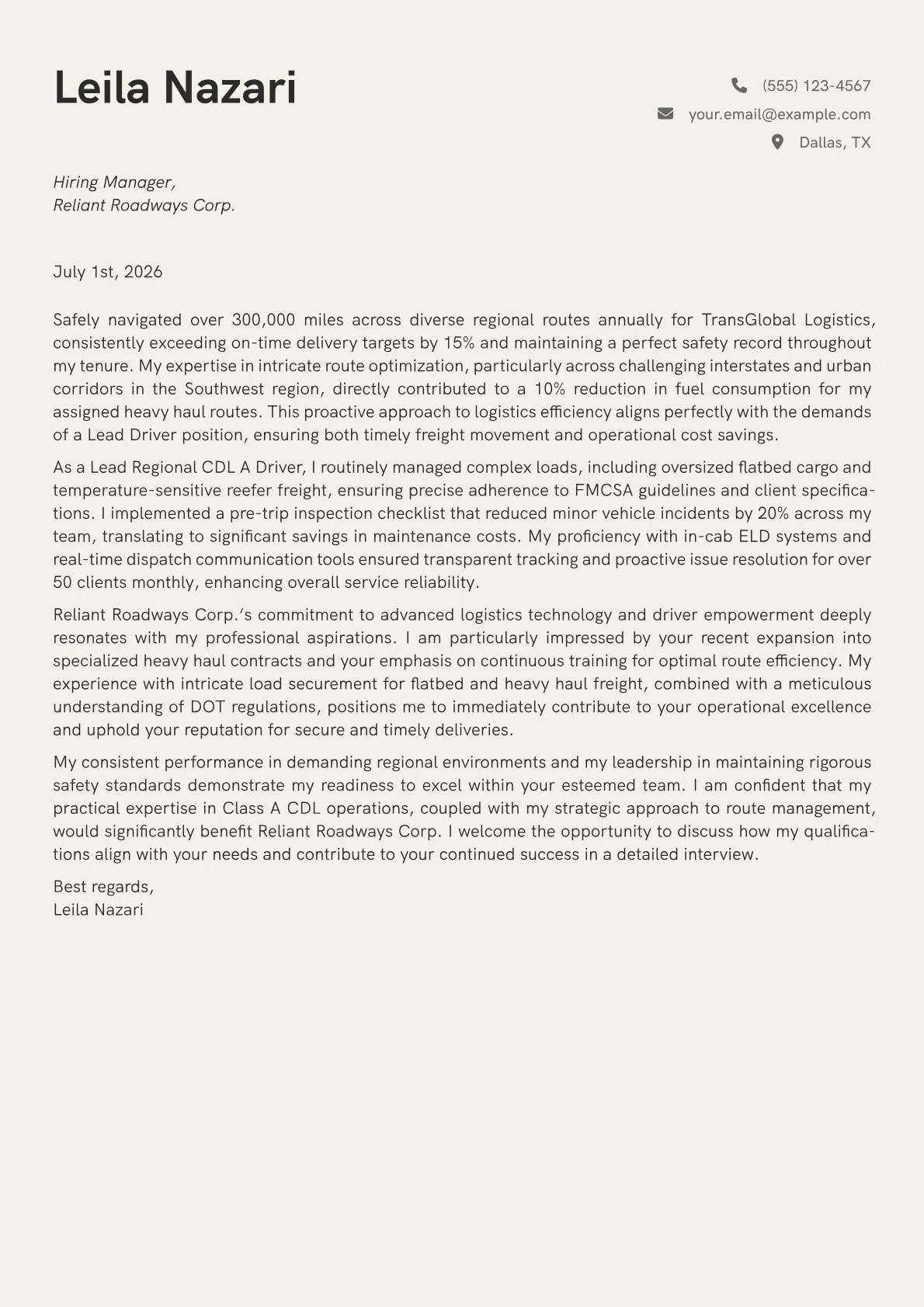 Trucking cover letter formatted with a JobSprout template