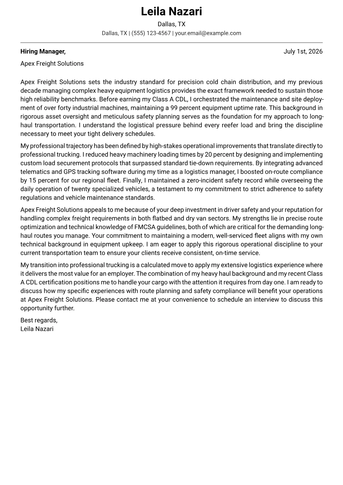 Trucking cover letter in the Modern design