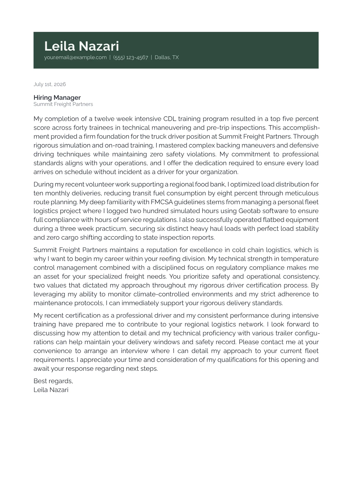Trucking cover letter in the Banner design