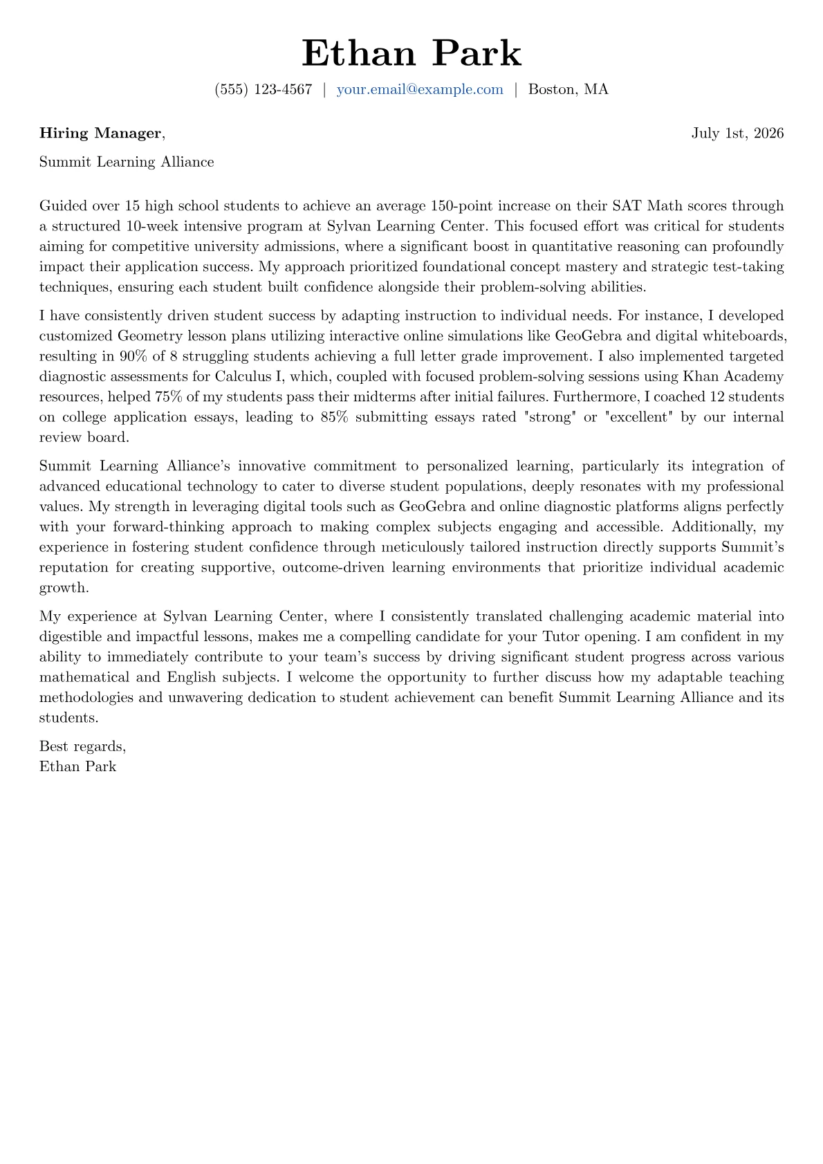 Tutor cover letter formatted with a JobSprout template