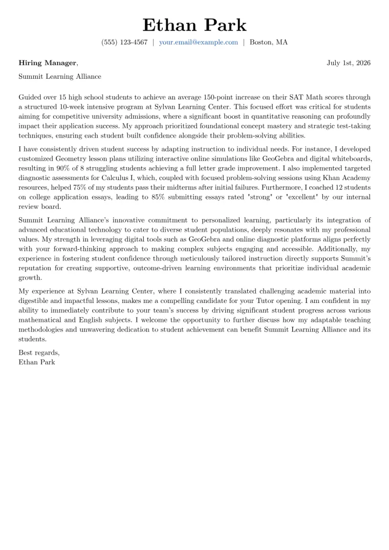 Tutor Cover Letter Example