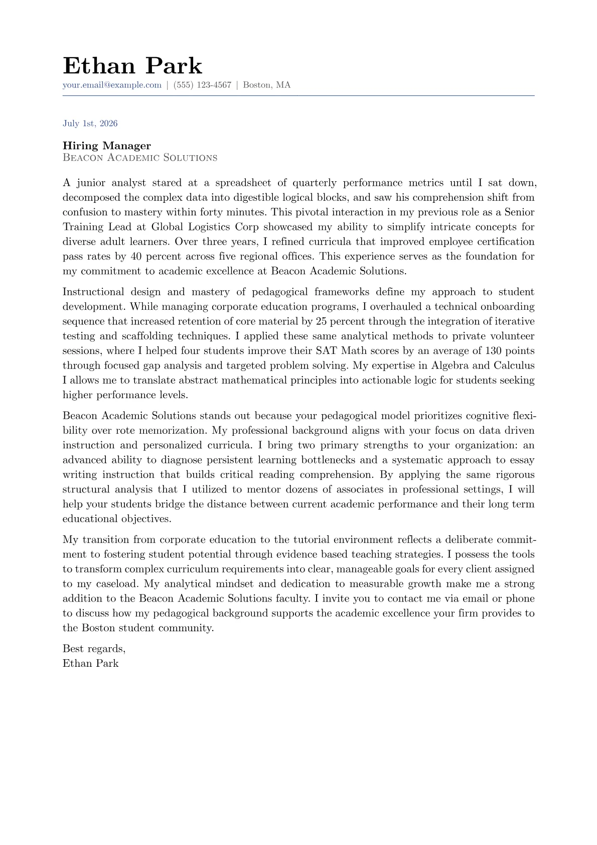 Tutor cover letter in the Classic design